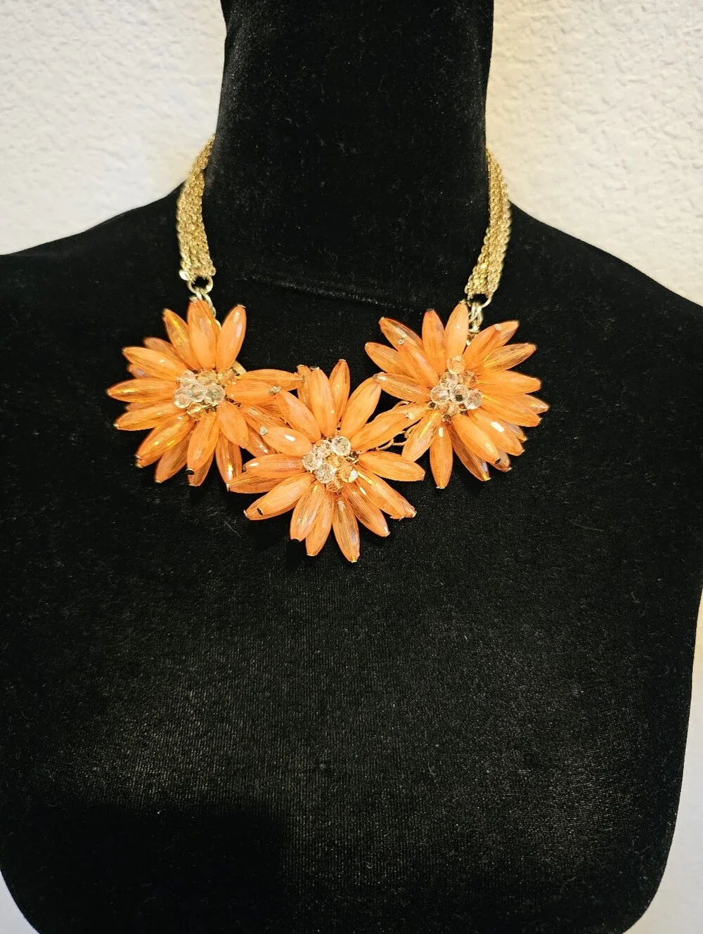 Bold Orange Floral Statement Necklace - Gold Chain - Picture 2 of 3